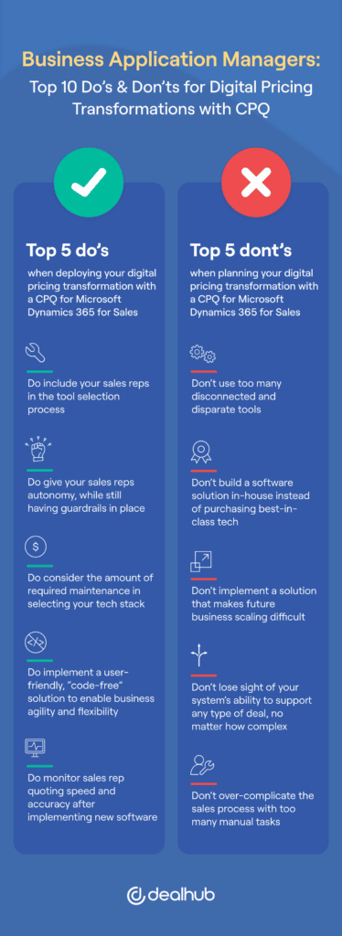 Business Application Managers: Top 10 do's and don'ts for digital pricing transformations with CPQ for Microsoft Dynamics 365 for sales infographic